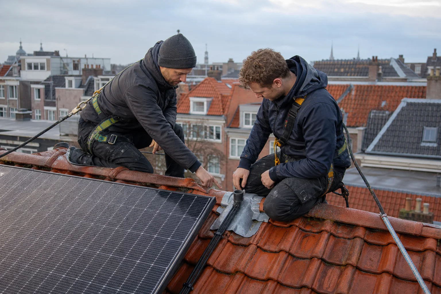 Elektricien en dakspecialist inspecteren zonnepanelen en een kabeldoorvoer